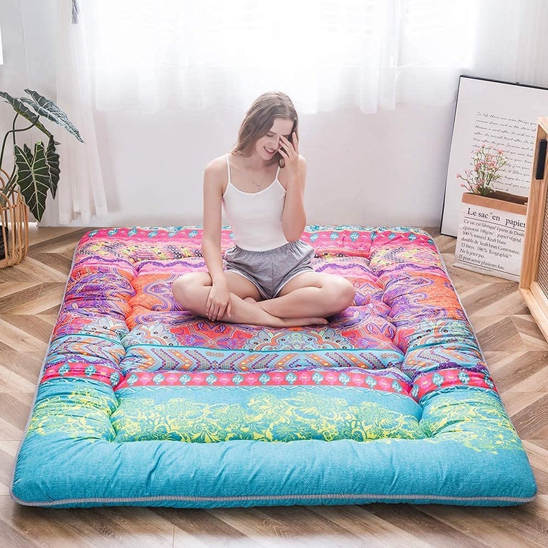 MAXYOYO Bohemian Retro Mattress Boho Floral Style Japanese Futon Mattress Tatami Floor Mat Foldable Lounger Portable Camping Sleeping Pad Couch Bed Twin Size - Image 1